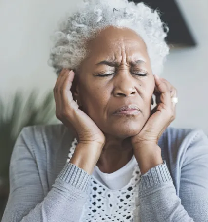 Woman holding head in pain.